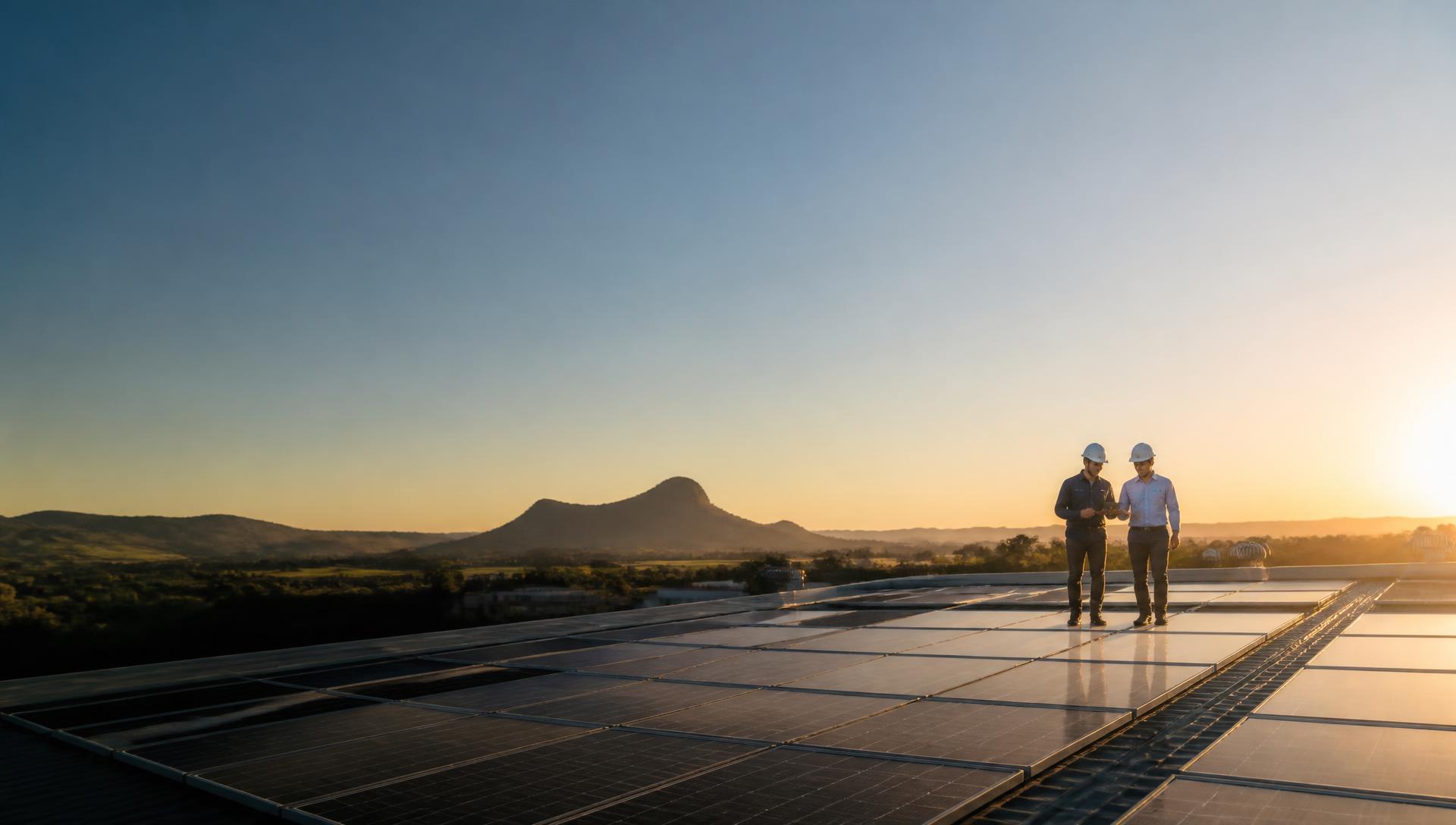 Equipe da Mvolt Energia em telhado com painéis solares